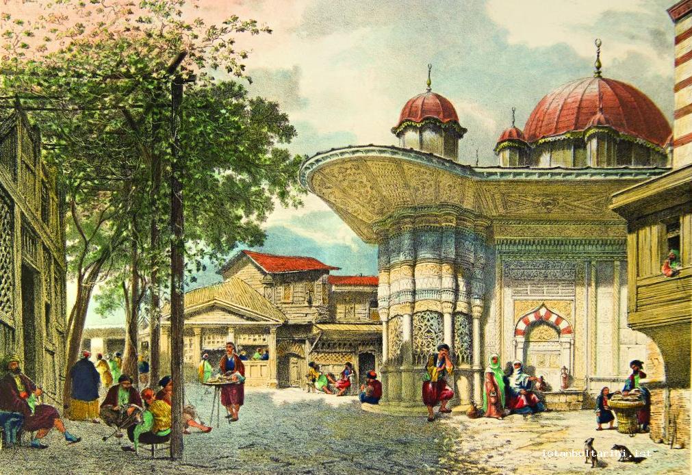 10- Galata çeşmesi, çevresindeki yerleşim alanı ve semt sakinleri (Flandin)