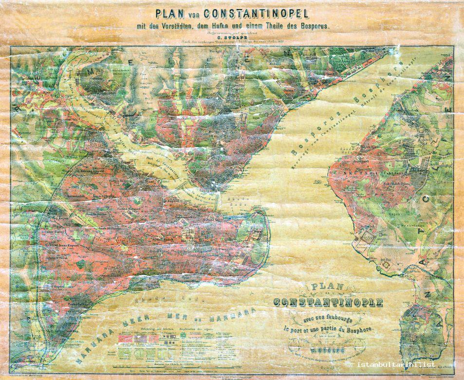 12- İstanbul’un yerleşim alanlarını gösteren 1880 tarihli plan (C. Stolpe, İÜ., Nadir Eserler Ktp., Haritalar Bölümü)