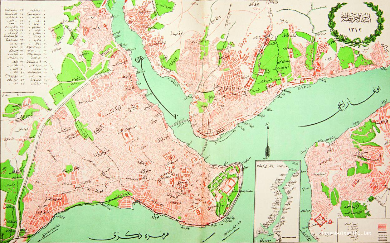2- 1895 tarihli İstanbul planı (<em>Mâlûmât</em>).Haritanın sol üst köşesinde harita üzerinde numaralandırılmış binaların isimleri yer almaktadır:
<br> 1- Hırka-i Şerif,
<br>2- Ayasofya Camii,
<br>3- Sultanahmed Camii,
<br>4- Valide Camii,
<br>5- Süleymaniye Camii,
<br>6- Sultanbayezid Camii,
<br>7- Şehzade Camii,
<br>8- Sultan Selim Camii,
<br>9- Cerrahpaşa Camii,
<br>10- Nûr-i Osmaniye Camii,
<br>11- Bâbıâli Camii 12- Bâb-ı Vâlâ-yı Meşîhatpenâhî,
<br>13- Bâb-ı Seraskerî,
<br>14- Adliye Evkaf Depo Muhasebat,
<br>15- Maliye Nezareti,
<br>16- Ticaret ve Nafia Nezareti,
<br>17- Defter-i Hâkânî,
<br>19- Bâb-ı Zabtiye ve Şehremaneti,
<br>20- Postahane-i Âmire,
<br>21- Telgraf Nezareti,
<br>22- Darphane-i Âmire,
<br>23- Misafirhane-i Askeriye,
<br>24-Mülkiye Tekaüd Sandığı,
<br>25- Mekteb-i Mülkiye-i Şahane,
<br>26- Mekteb-i Hukuk-ı Şâhâne,
<br>27- Mekteb-i Sultanî,
<br>28- Düyun-ı Umumiye İdaresi,
<br>29- Bank-ı Osmanî,
<br>30- Altıncı Daire-i Belediye,
<br>31- Topçu ve İtfaiye Kışlası,
<br>32- Mâlûmât Matbaası,
<br>33- Binbirdirek,
<br>34- Bimarhane,
<br>35- Hapishane-i Umumî,
<br>36- Fenerlar İdaresi,
<br>37-Çemberlitaş,
<br>38- Valide Hanı,
<br>39- İngiltere Sefareti,
<br>40- Fransa Sefareti,
<br>41- Almanya Sefareti,
<br>42- Ermeni Katolik Hastanesi,
<br>43- İstanbul Kalesi,
<br>44- Galata Kalesi.<br>
Haritada İstanbul ile Üsküdar arasında Boğaziçi haritası ve yerleşim yerlerinin ismi yer almaktadır. Sağ alt köşesinde ise dinî mensubiyete göre mahalle isimleri ve bazı ulaşım hatlarının karşılığı olan işaretlerin açıklamaları bulunmaktadır.