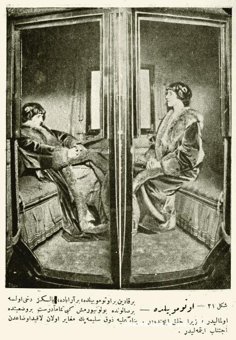 15- <em>Avrupa Âdab-ı Muâşereti</em> adlı eserde kadınların otomobilde nasıl seyahat etmeleri gerektiğine dair çizim